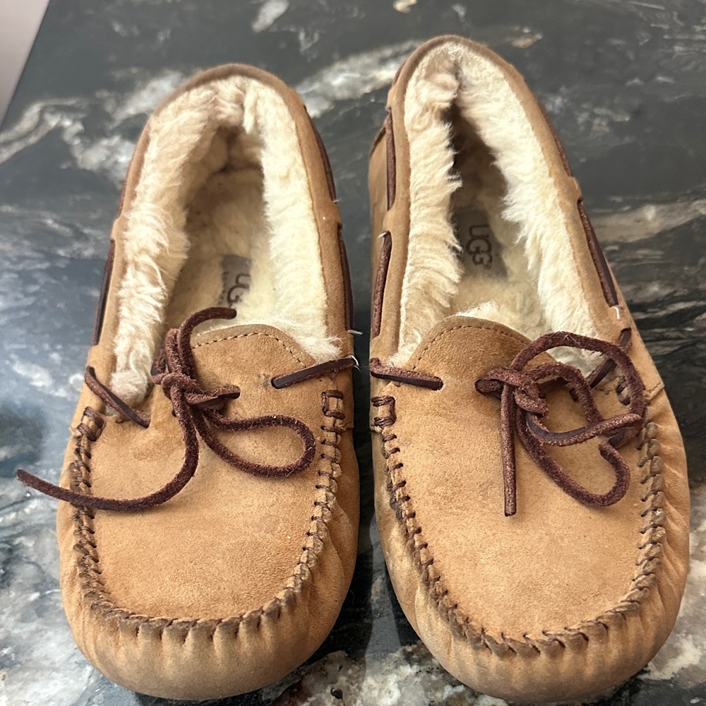 UGG Chestnut/Tan Suede Shearling Moccasin Slippers